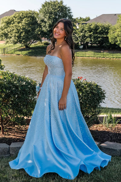 A Line Strapless Blue Satin Prom Dress with Beading AB260113