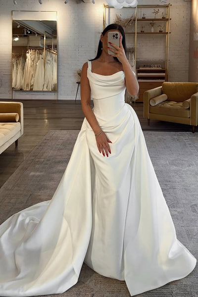 Elegant Mermaid Square Neck Satin Wedding Dress with Train AB25121502