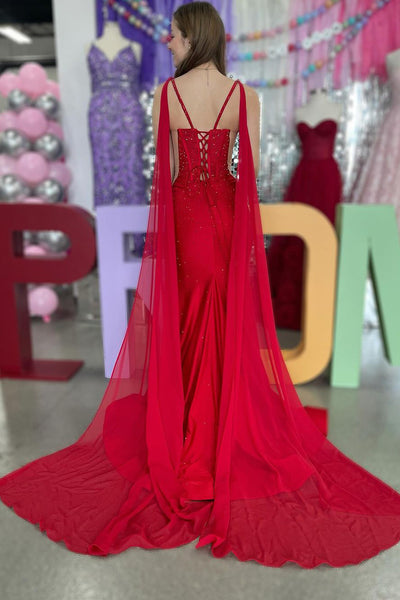 Charming Mermaid V Neck Red Satin Beading Prom Dress with Slit AB4012803