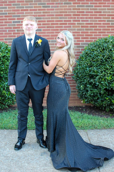 Charmign Mermaid V Neck Black Satin Long Prom Dress with Beading AB25092807