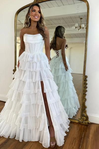 Gorgeous A Line Strapless Daffodial Tiered Chiffon Long Prom Evening Dresses VK25052838