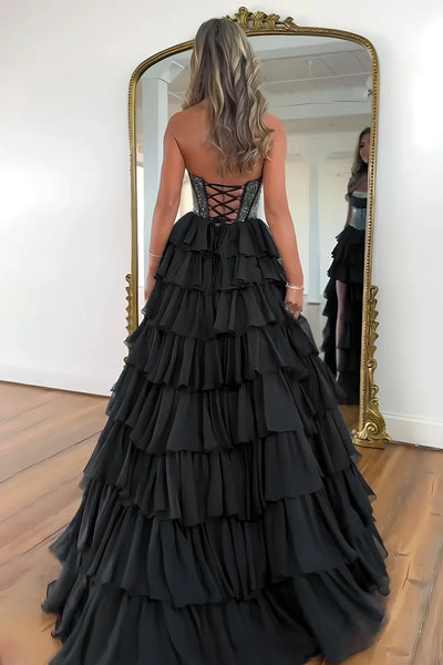 Gorgeous A Line Strapless Daffodial Tiered Chiffon Long Prom Evening Dresses VK25052838