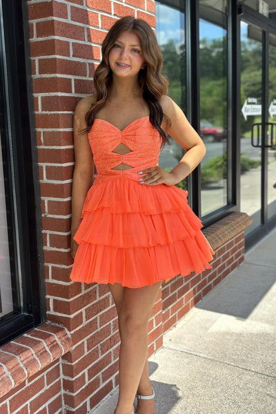 A Line Sweetheart Orange Chiffon Short Homecoming Dress AB26071606