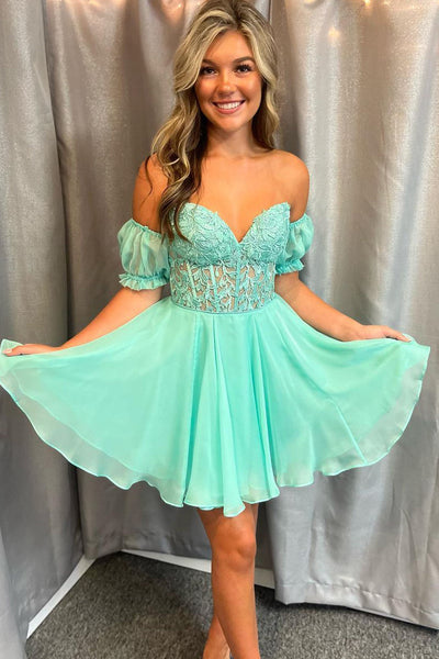 Cute A Line Sweetheart Blue Chiffon Short Homecoming Dresses with Appliques AB080701
