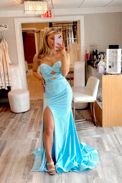 Cute Mermaid Sweetheart Blue Satin Prom Dress with Hot Fix Rhinestone AB26040503