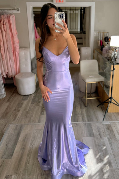 Modest Mermaid V Neck Lilac Satin Long Prom Dresses AB26021006