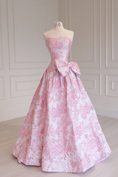 Cute A Line Sweetheart Pink Jacquard Satin Prom Dress with Bow AB26012908
