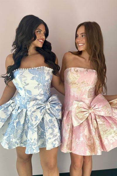 A Line Strapless Light Blue Jacqaurd Satin Homecoming Dress AB26070706