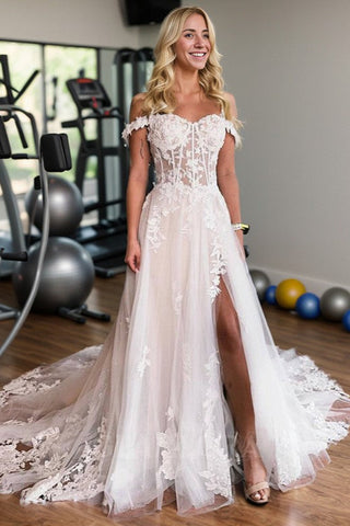 Fairy A Line Off the Shoulder Tulle Long Bridal Dresses with Appliques AB24110604