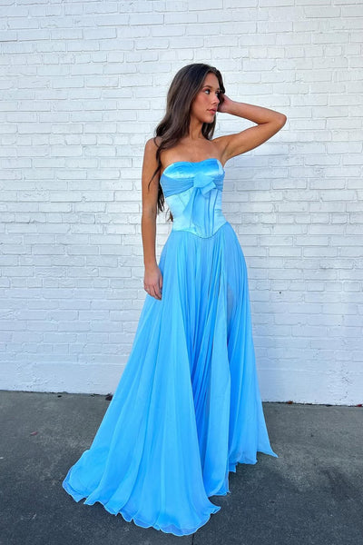 A Line Sweetheart Blue Chiffon Prom Dress with Bow AB25111408