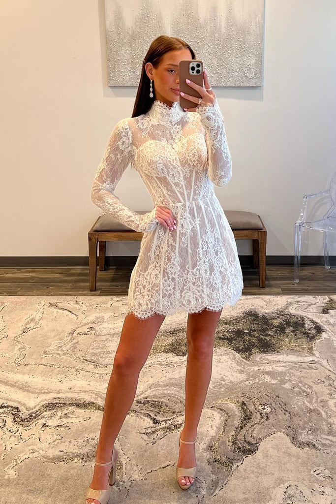 Charming Sheath High Neck Lace Short Homecoming Dressees AB062905 – Anniebride Charming Sheath High Neck Lace Short Homecoming Dressees AB062905 – Anniebride