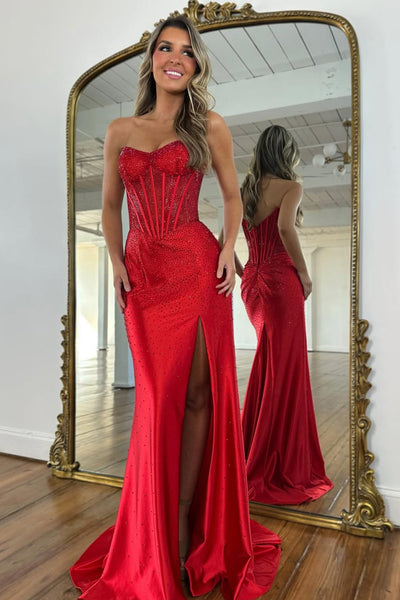 Gorgeous Mermaid Scoop Neck Hof Fix Satin Prom Dress with Slit AB26020606