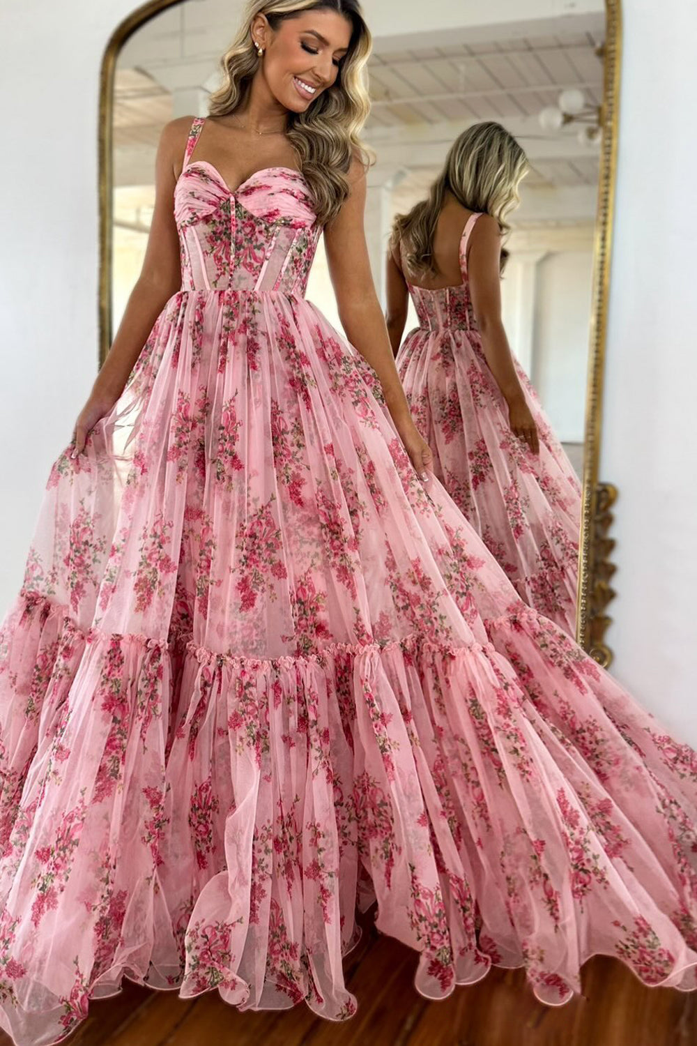Fairy A Line Sweetheart Floral Printed Chiffon Long Prom Dress AB24123001