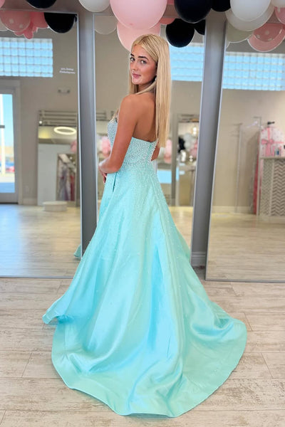 Fashion A Line Strapless Blue Hot Fix Satin Prom Dress with Beading AB26032603