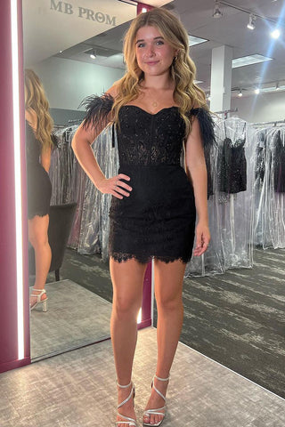 Cute Bodycon Sweetheart Black Lace Short Homecoming Dresses with Beaded AB082502