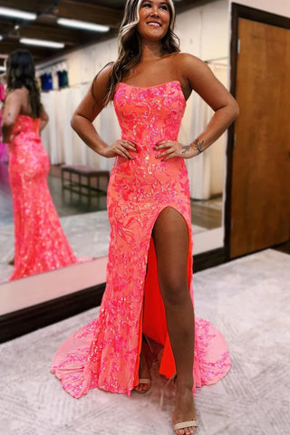 Cute Mermaid Strapless Coral Sequins Long Prom Dress with Slit AB4011801