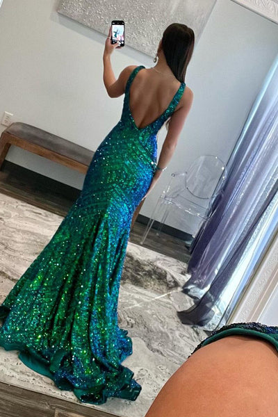 Charming Mermaid V Neck Green Sequins Prom Dresses AB111802