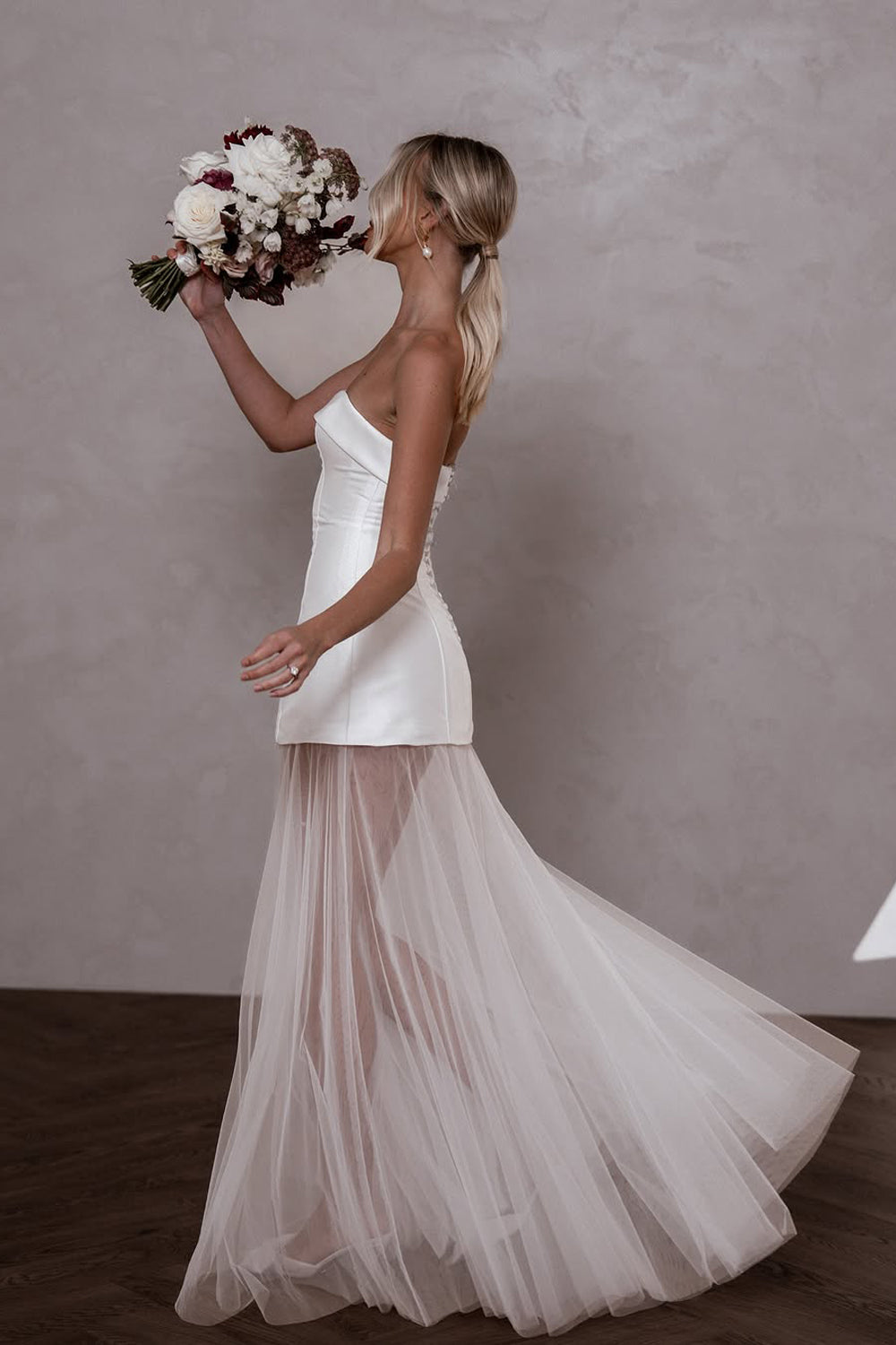 Fairy Sheath Strapless White Satin Short Wedding Dress with Lace AB24121906 Anniebride Fairy Sheath Strapless White Satin Short Wedding Dress with Lace AB24121906 Anniebride