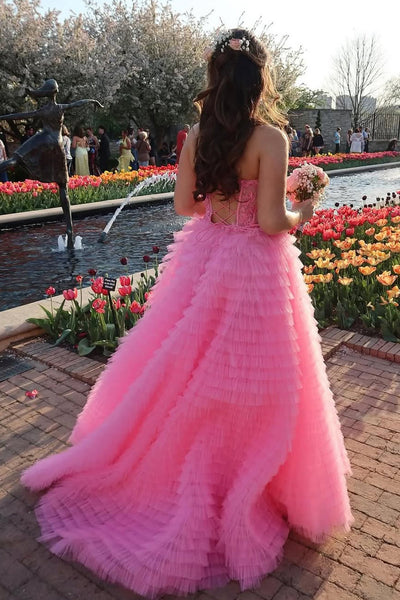Cute Ball Gown Sweetheart Pink Tiered Tulle Prom Dress with Slit AB250534