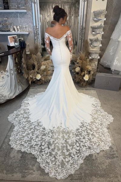 Elegant Mermaid Off the Shoulder Satin Prom Dress with Appliques AB25111806