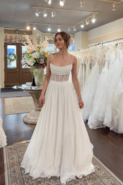 A Line Spaghetti Straps Chiffon Beach Wedding Dress with Lace AB26052403