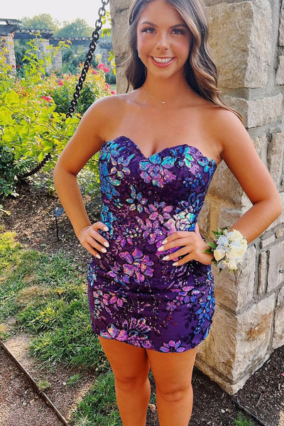 Cute Bodycon Sweetheart Purple Sequins Short Homecoming Dresses AB092402