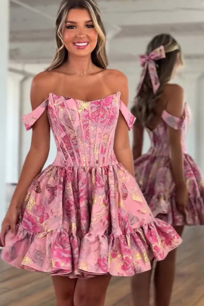 A Line Off the Shoulder Pink Jacquard Satin Short Homecoming Dress AB26060901