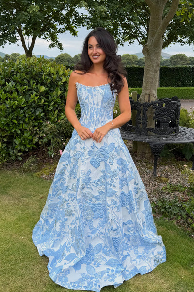A Line Scoop Neck Blue Jacquard Satin Long Prom Dresses AB26080909