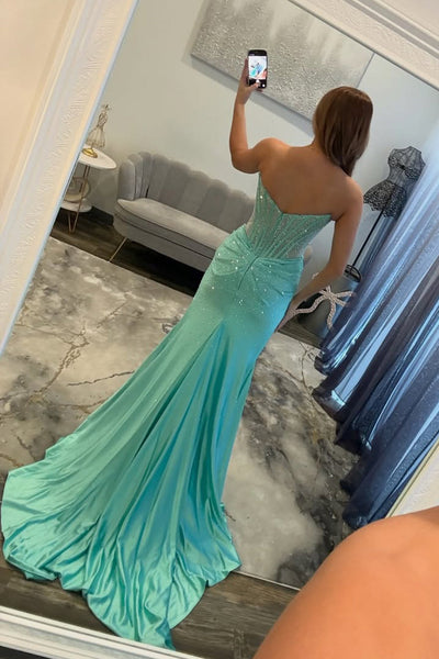 Cute Mermaid Strapless Corset Beaded Prom Dress with Slit AB021502