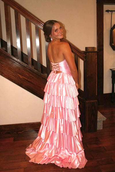 Gorgeous A Line Sweetheart Light Pink Satin Prom Dress with Hot Fix AB26041906