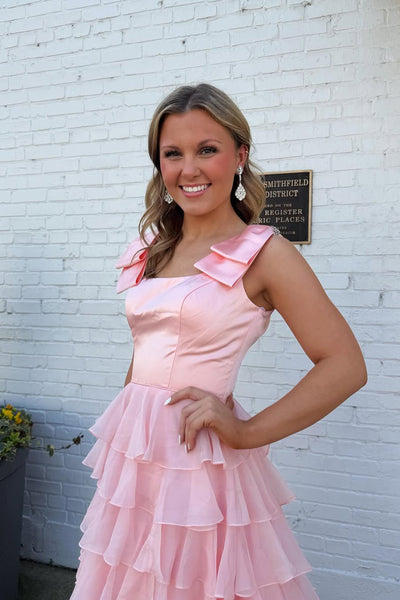 A Line Sqare Neck Blush Pink Satin Long Prom Dress with Slit AB26032810