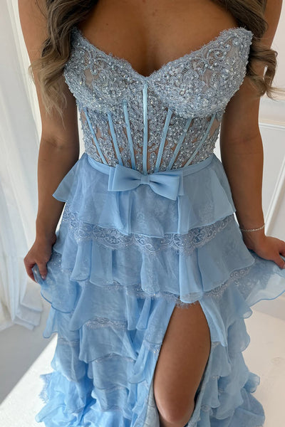 New Arrival A Line Sweetheart Light Blue Chiffon Tiered Prom Dress with Lace AB25110205
