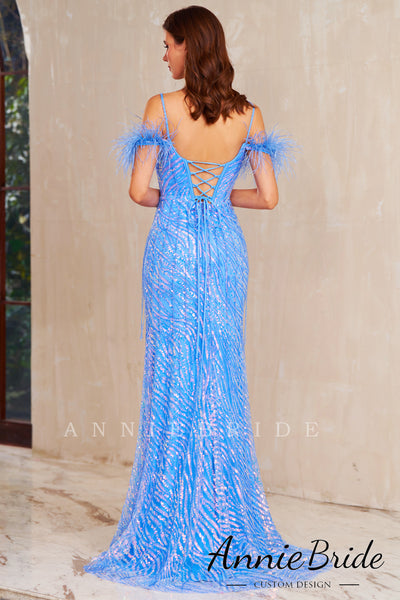 Cute Mermaid Detachable Off the Shoulder Blue Sequins Long Prom Dress with Feather AB4010202