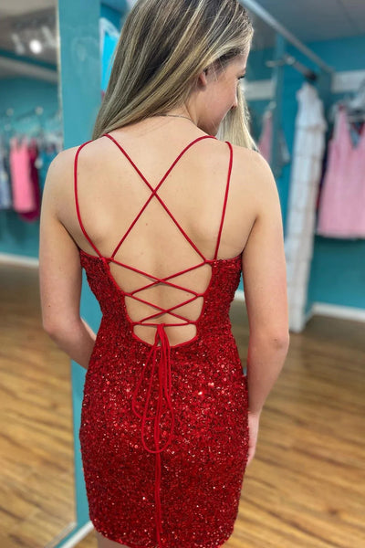 Cute Bodycon Square Neck Dark Red Sequins Short Homecoming Dresses with Lace-up ABHC061846