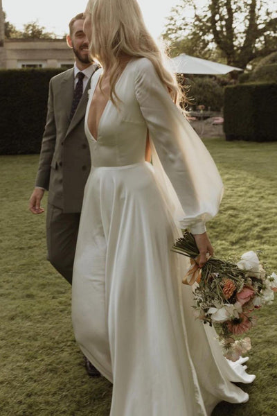 Fairy A Line Deep V Neck Silk Satin Long Wedding Dresses with Open Back AB082405