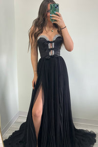 Cute A Line Sweetheart Black Pleat Chiffon Long Prom Dress with Beading AB25021201