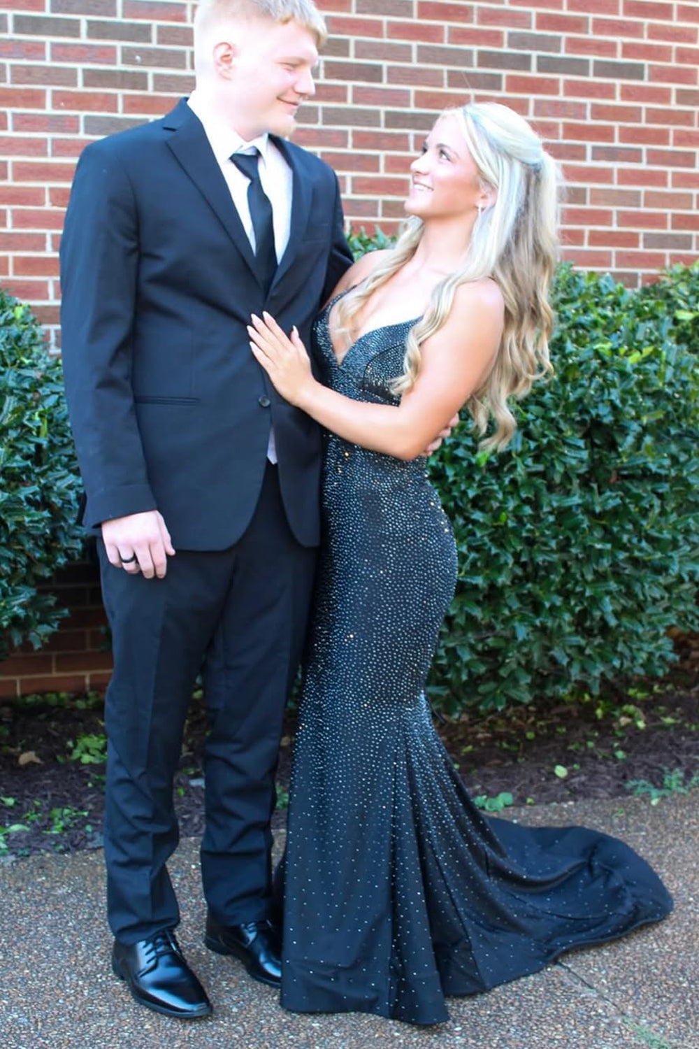 Charmign Mermaid V Neck Black Satin Long Prom Dress with Beading AB25092807