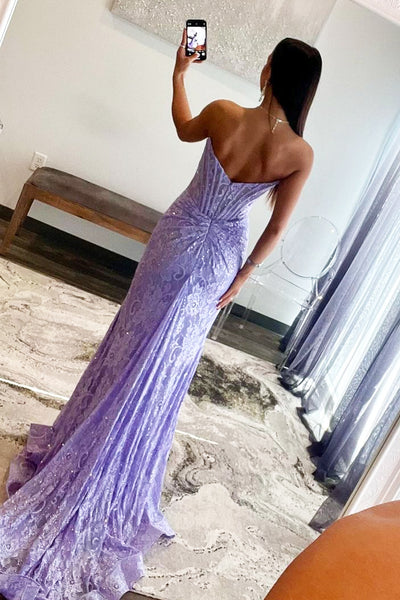 Cute Mermaid Scoop Neck Lavender Lace Long Prom Dresses with Slit AB122402