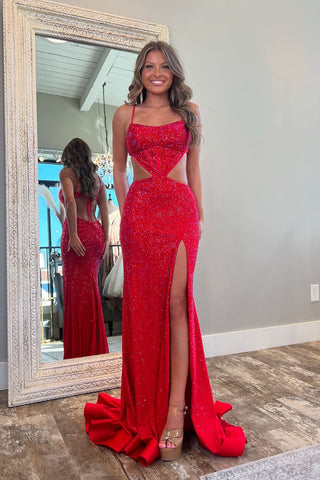 Charming Mermaid Straps Red Satin Long Prom Dresses with Beading AB24102215