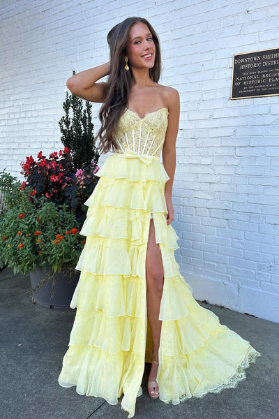 A Line Sweetheart Daffodil Chiffon Tiered Prom Dress with Lace AB25112206
