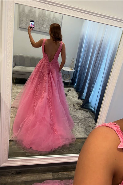 Charming A Line V Neck Pink Tulle Prom Dress with Appliques AB25112701