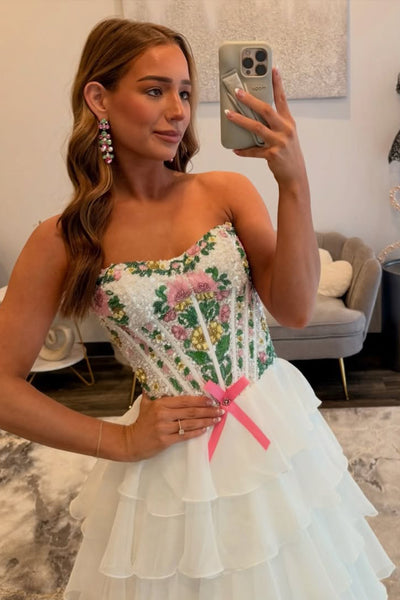 Gorgeous A Line Strapless White Tulle Prom Dress with Beading AB26032204