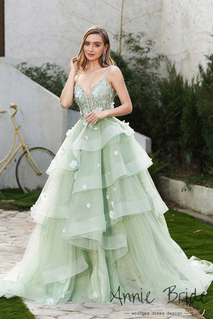 green tulle prom dress Fairy Ball Gown V Neck Sage Green Tiered Tulle Prom Dress Sweet 16 Dresses AB24121209 – Anniebride