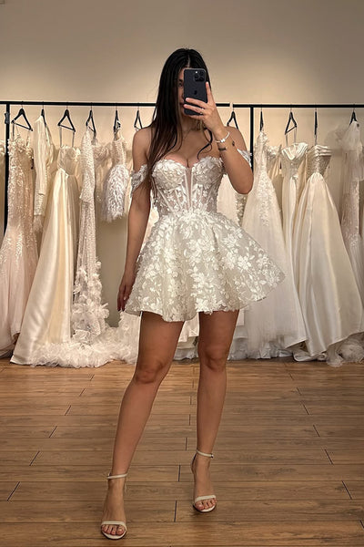 Sweet A Line Off the Shoulder Lace Short Wedding Dress AB26061505