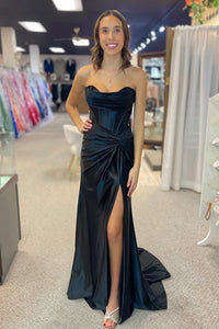 Elegant Mermaid Sweetheart Black Satin Prom Dress with Slit AB25010302