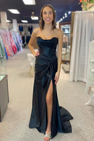 Elegant Mermaid Sweetheart Black Satin Prom Dress with Slit AB25010302