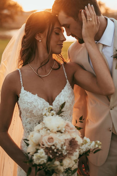 Romantic Mermaid V Neck Satin Wedding Dress with Appliques AB25092519