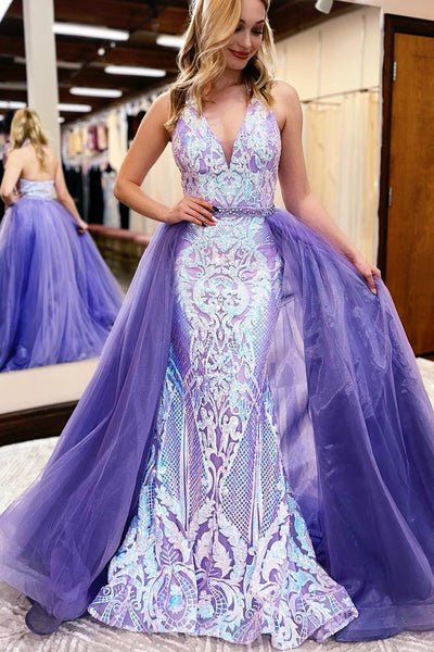 Sparkly Mermaid V Neck Lavender Sequins Lace Long Prom Dresses with Detachable Train AB100201