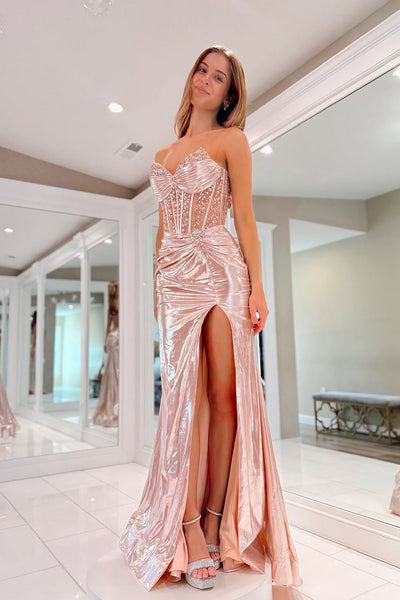 Cute Mermaid Sweetheart Metallic Satin Prom Dress with Beading AB25013105