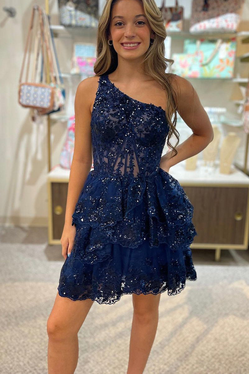 Cute A Line One Shoulder Navy Blue Sequins Lace Short Homecoming Dresses AB072203
